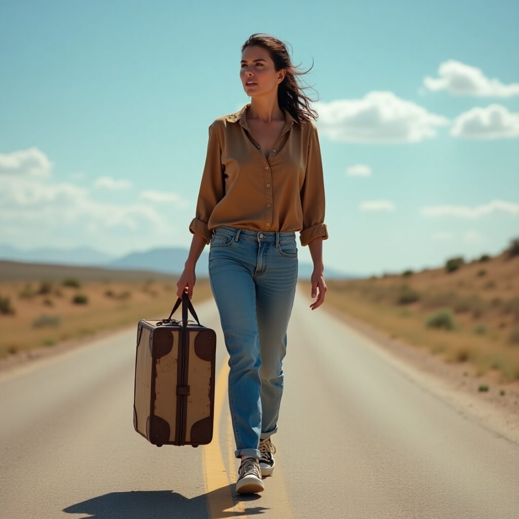 Pessoa com uma mala pequena andando por uma estrada deserta ou trilha simples