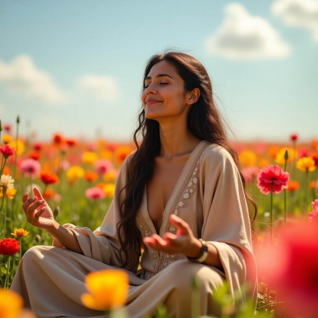 Mulher sentada em posição de meditação em um campo florido, sorrindo com os olhos fechados